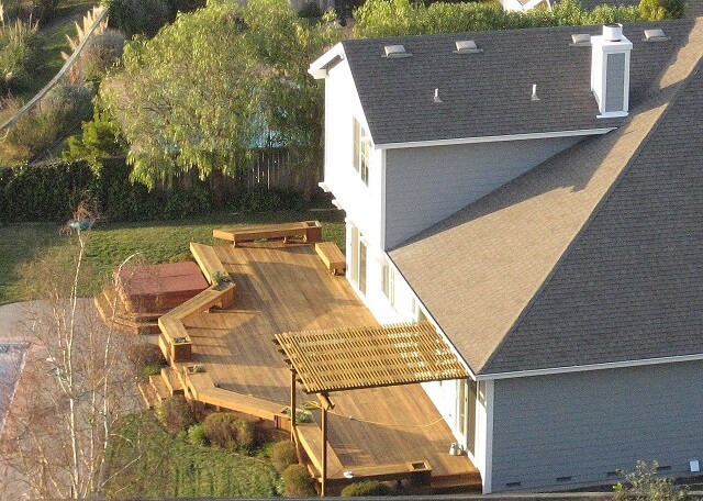 Aeriel view of house and wooden deck