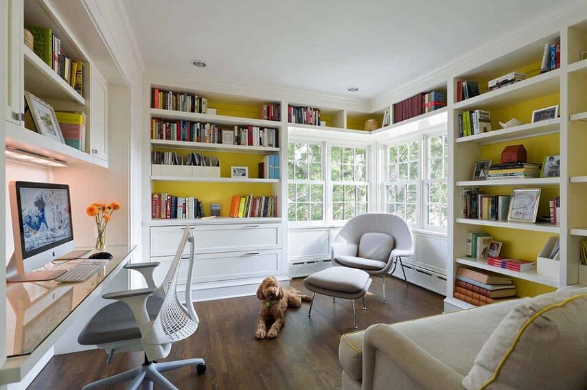 Bright office with shelving space