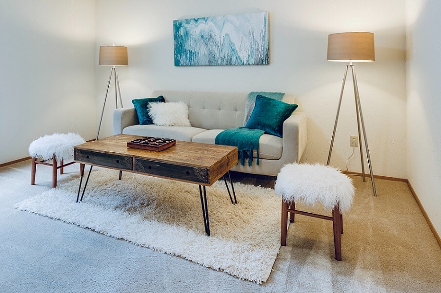 Minimalist white and blue living room