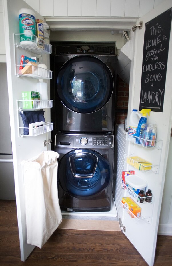 Black stacked washer and dryer