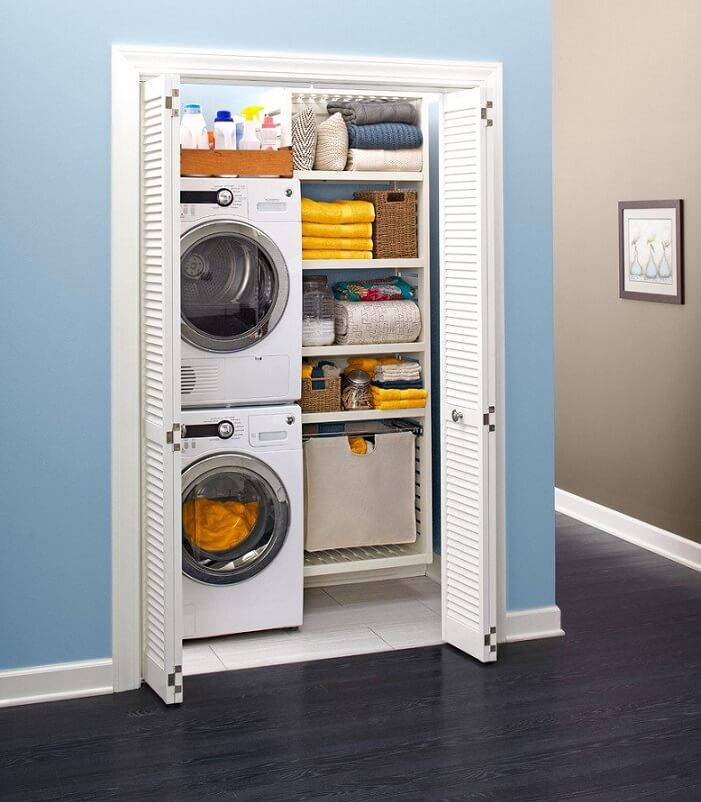 Stacked washer and dryer in closet