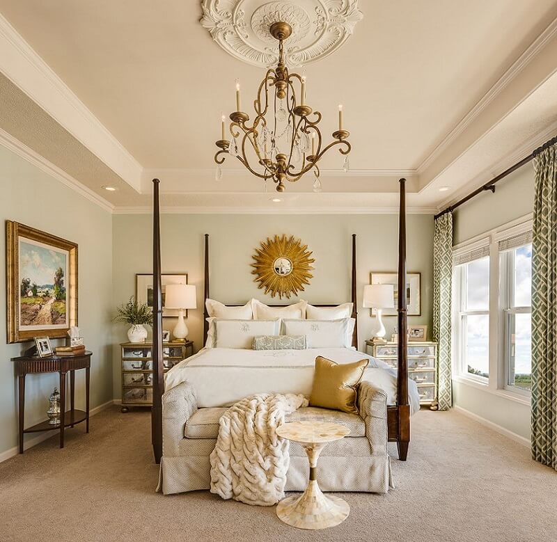 Elegant master bedroom design with chandler