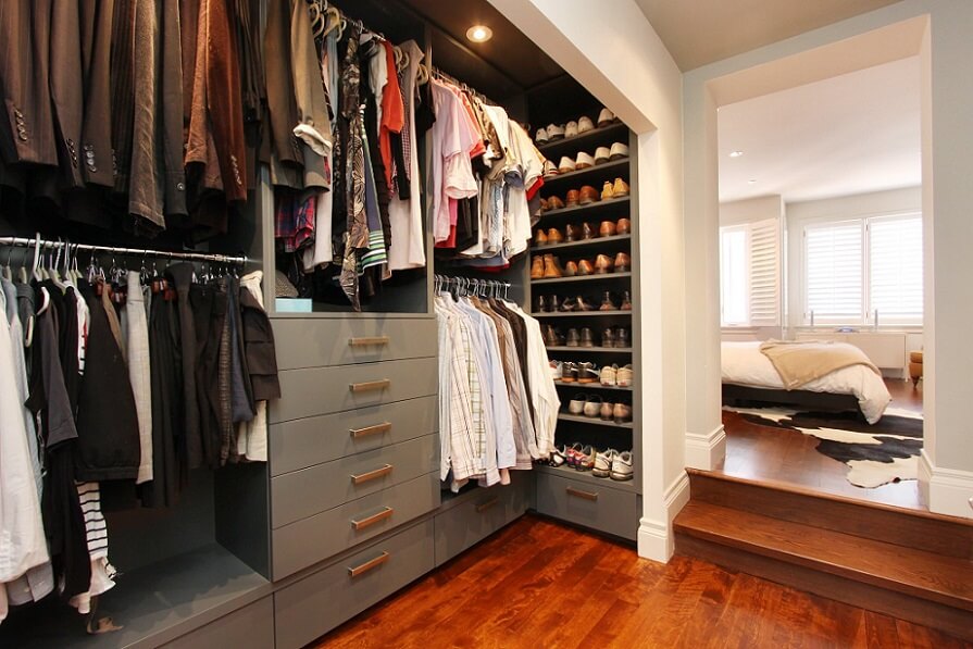 An open style master bedroom closet