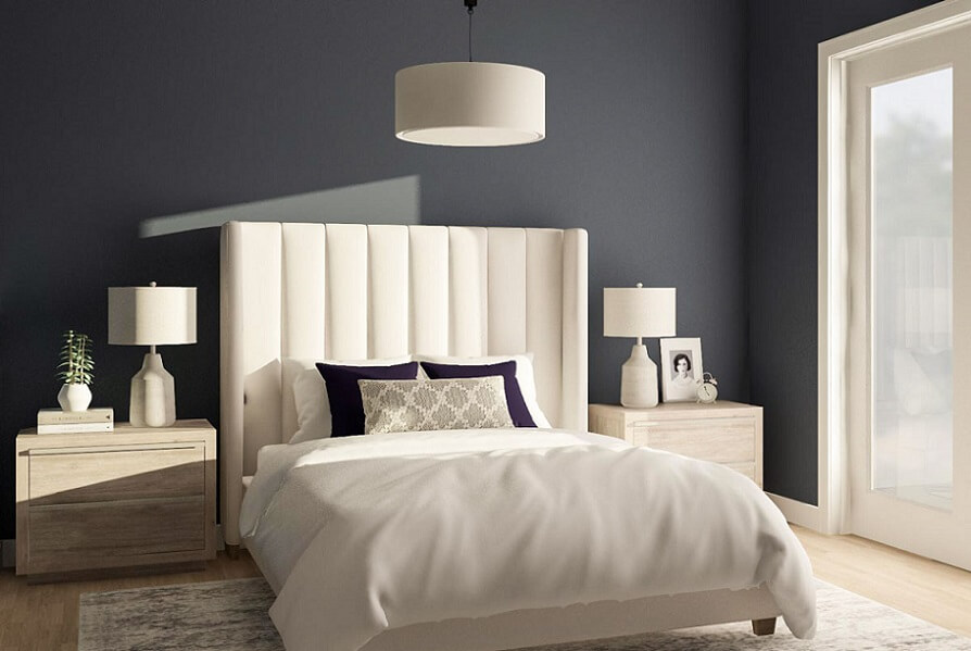 Bedroom with white bed frame and black wallpaper