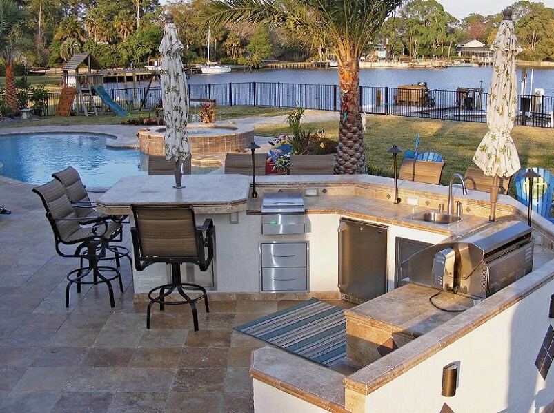 Tile countertop for kitchen near pool