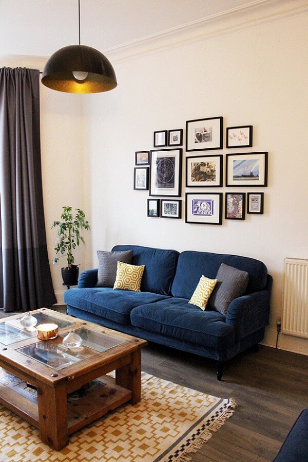 Gallery wall in a living room above a couch