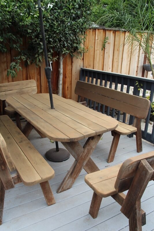 Wood bench seating in the backyard