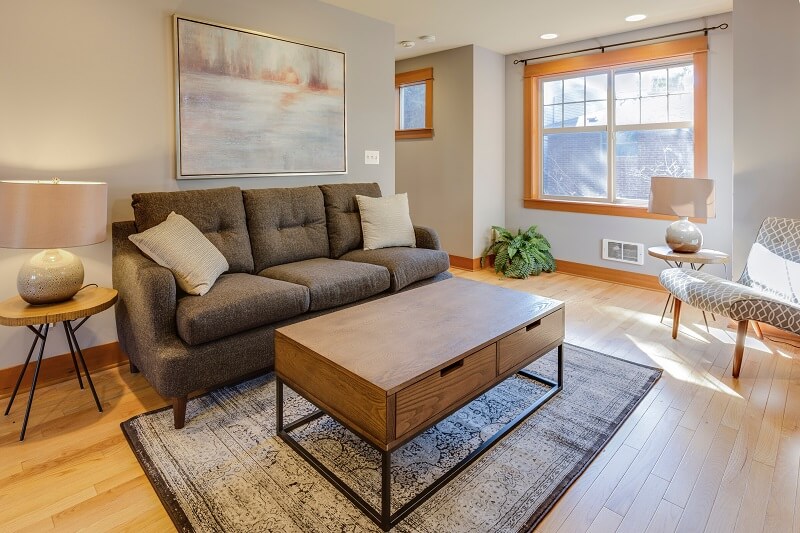 Cozy small apartment living room with small couch