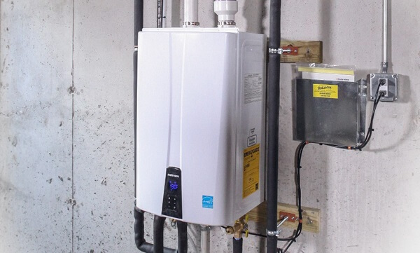 Tankless water heater in a basement