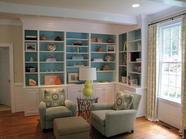 Large corner bookshelf in a house