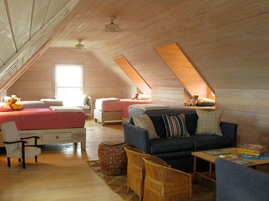 New attic bedroom with bright lights