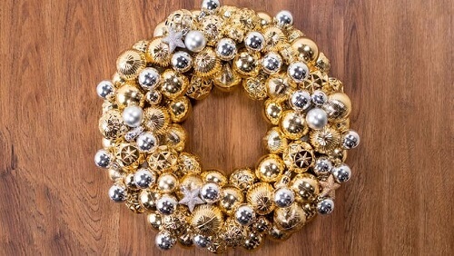 Shiny silver and gold ornament wreath