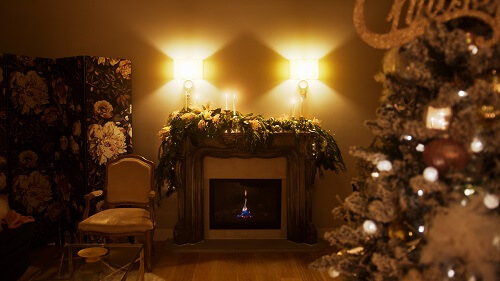 Large fireplace and homemade garland