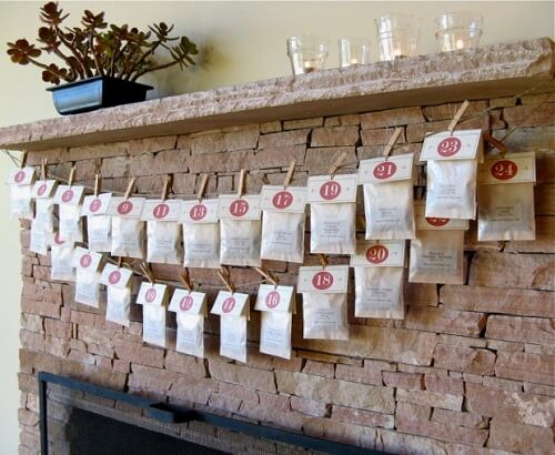 Bags of tree strung above the fireplace