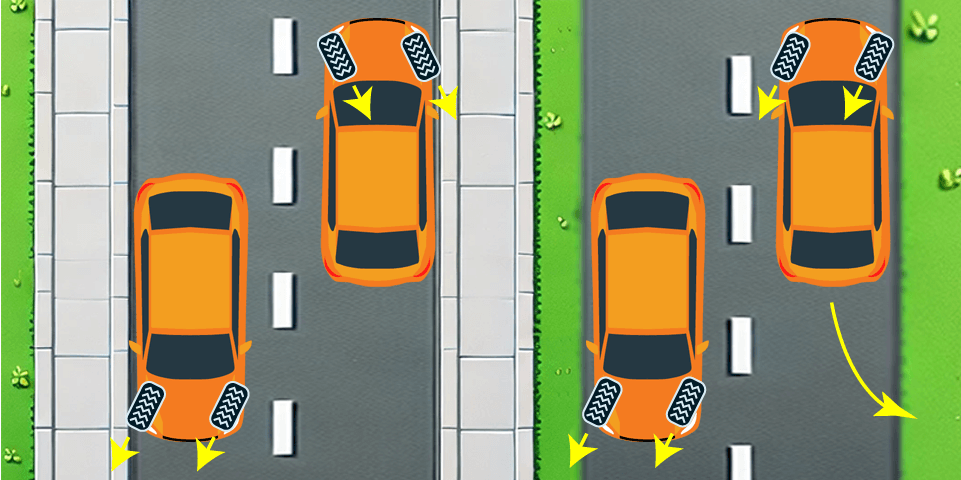 Graphic demonstrating how to turn a vehicle's wheels when parked on a hill, first with a curb and then without a curb