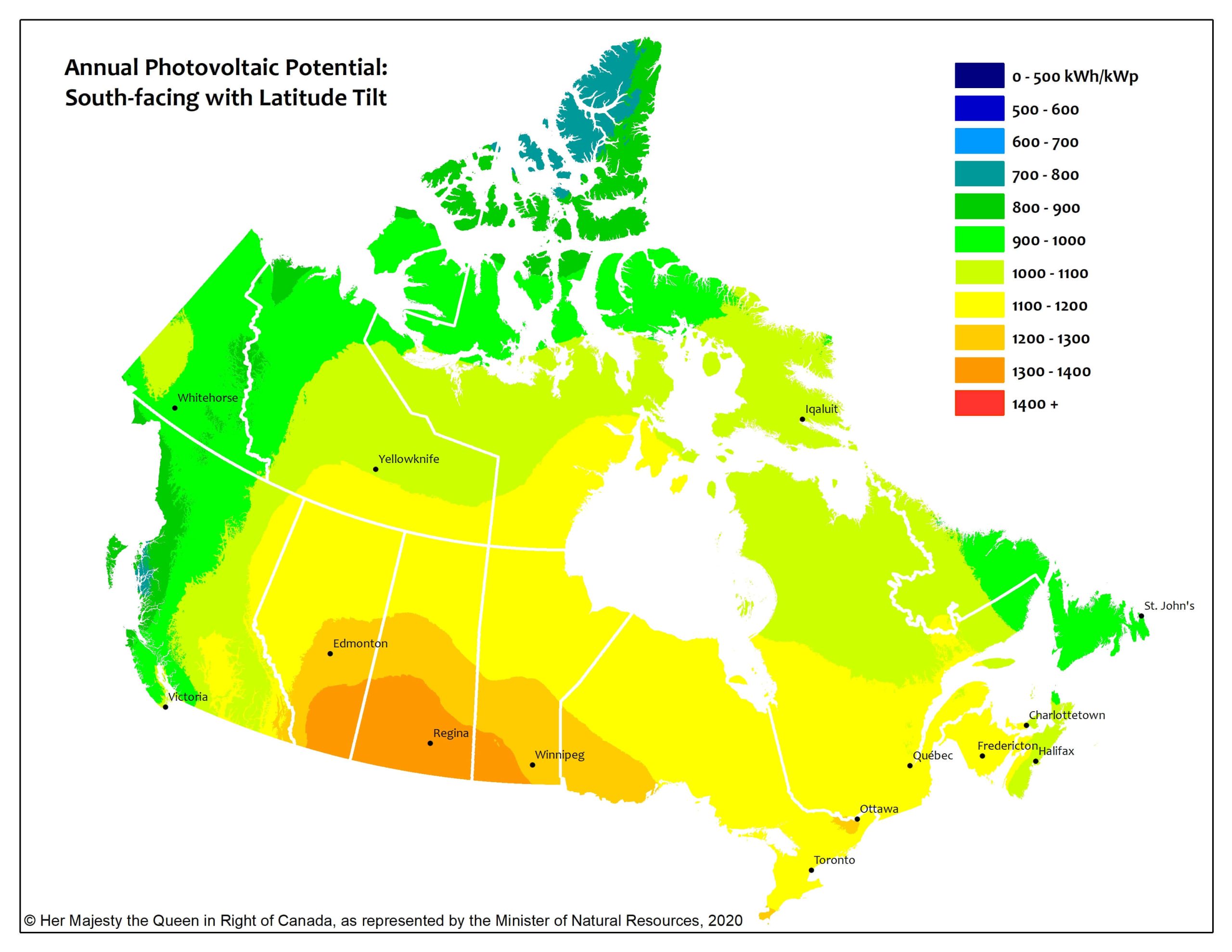 A colour-graded map showing the photovoltaic potential of regions across Canada, with orange and yellow (high potential) in the south/central regions and green/blue (low potential) in the north