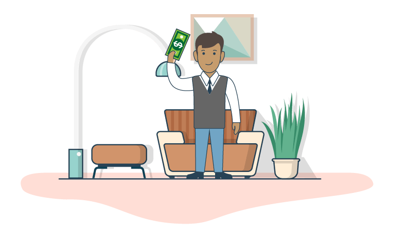 Illustration of a person standing in a living room holding a dollar bill aloft
