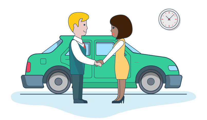 Illustration of two people shaking hands in front of a green car