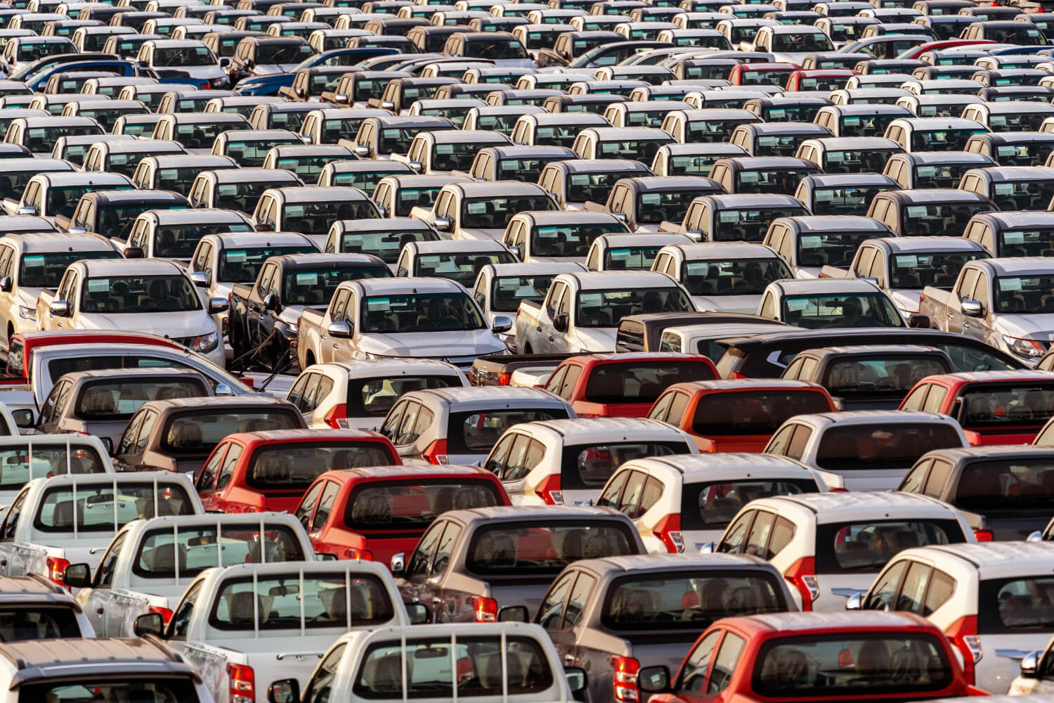 Hundreds of cars packed tightly in rows at a large vehicle distribution or storage facility.