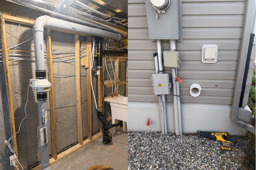 A residential radon mitigation system showing an interior basement fan and PVC ventilation piping (left) connected to the exterior wall-mounted discharge components (right).