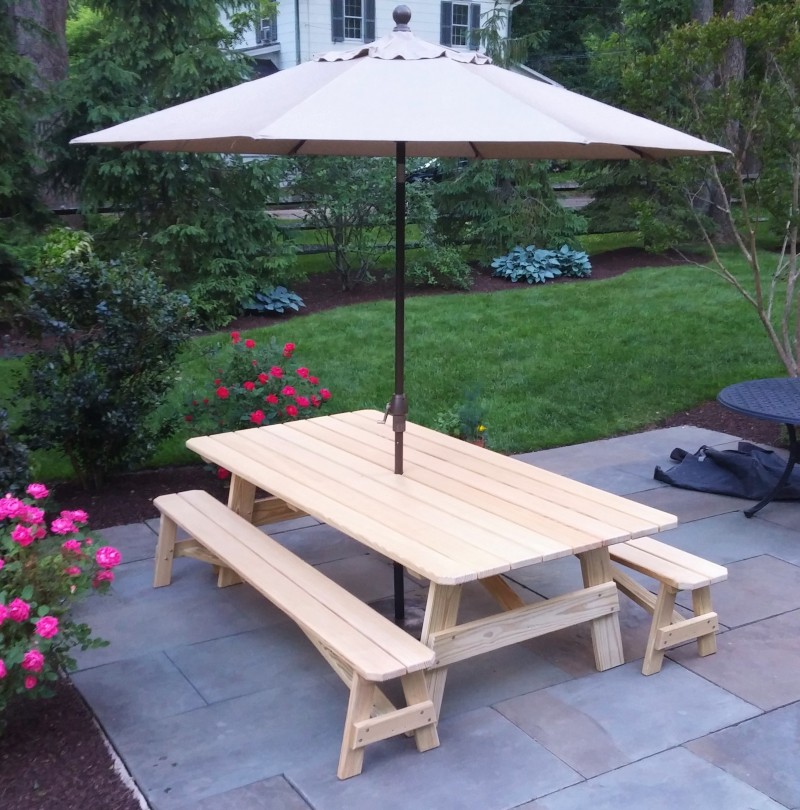Wood outdoor seating in the backyard